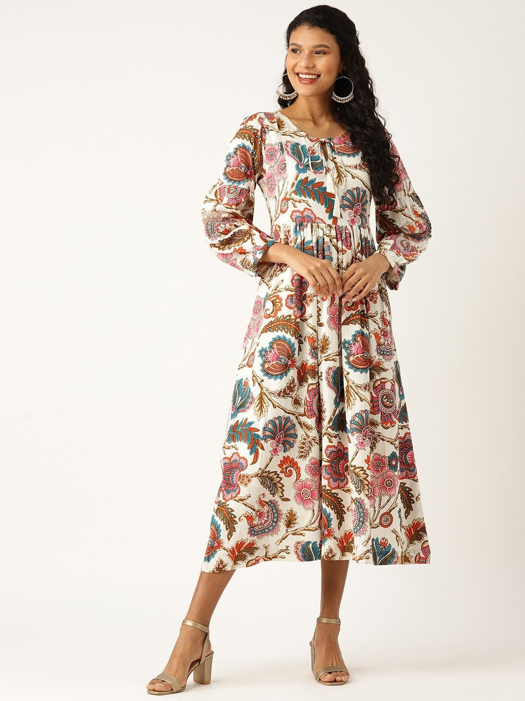 Women's Off White Floral Bishop Sleeve Midi Dress - SASSAFRAS