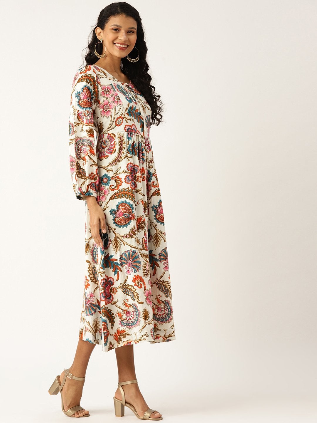 Women's Off White Floral Bishop Sleeve Midi Dress - SASSAFRAS