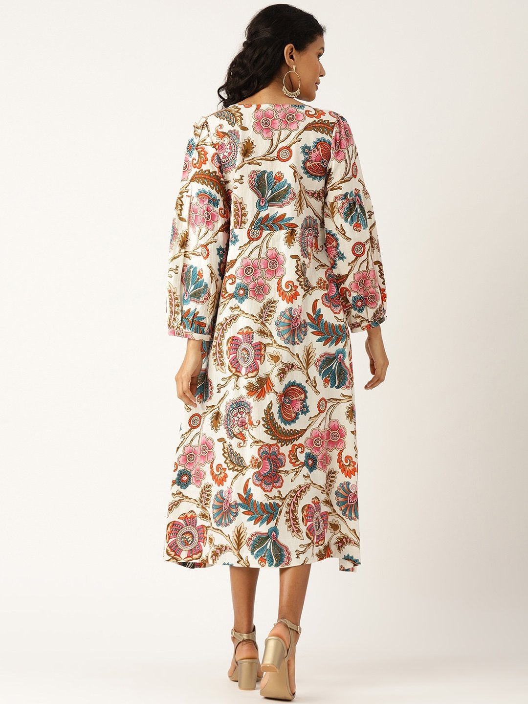 Women's Off White Floral Bishop Sleeve Midi Dress - SASSAFRAS