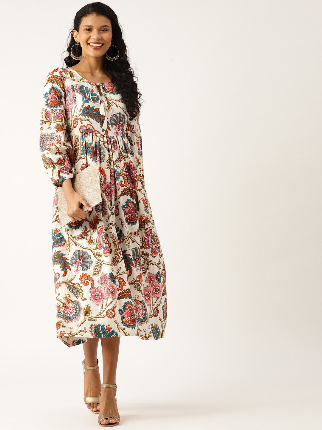 Women's Off White Floral Bishop Sleeve Midi Dress - SASSAFRAS