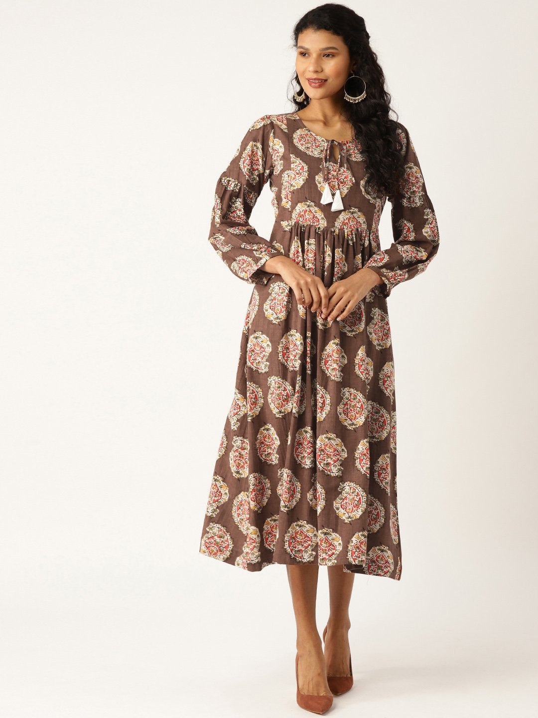 Women's Brown Paisely Bishop Sleeve Midi Dress - SASSAFRAS