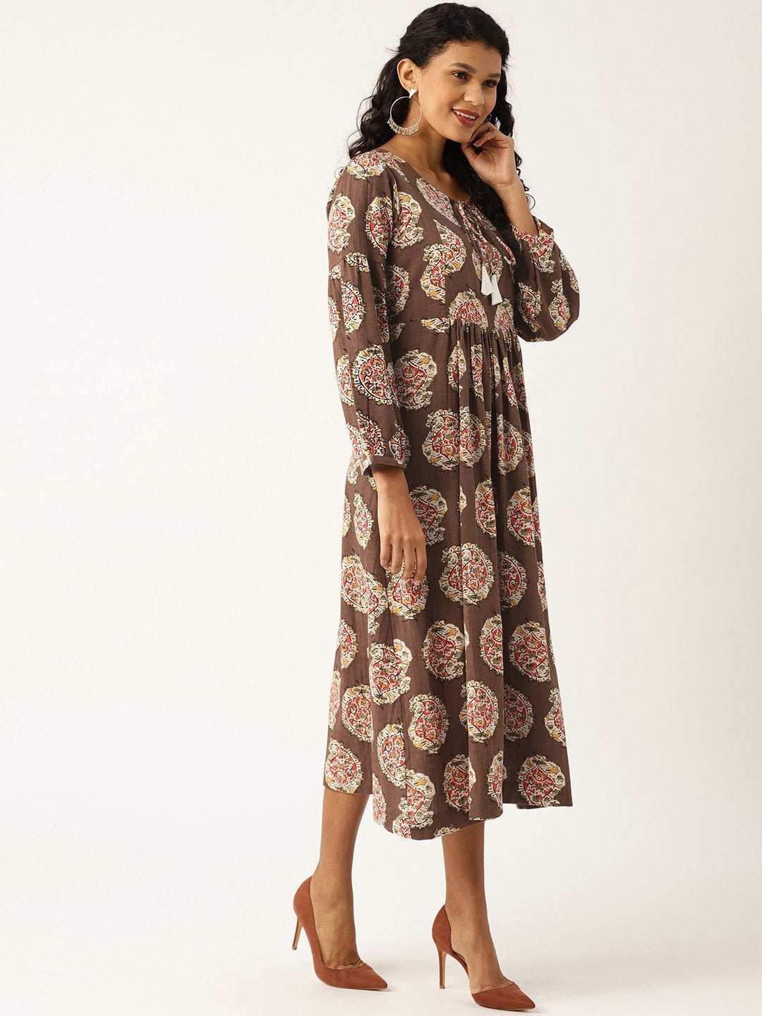 Women's Brown Paisely Bishop Sleeve Midi Dress - SASSAFRAS