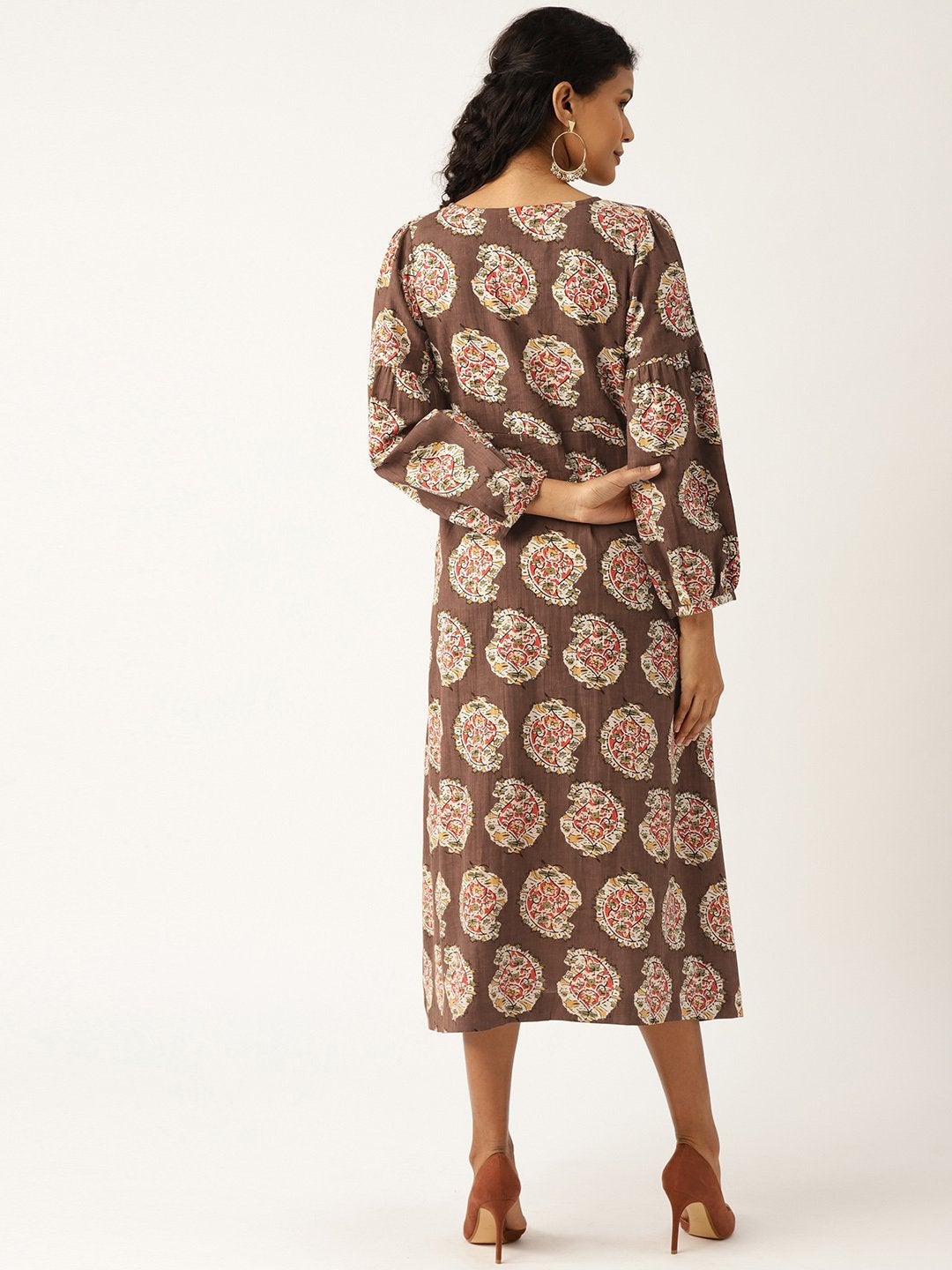 Women's Brown Paisely Bishop Sleeve Midi Dress - SASSAFRAS