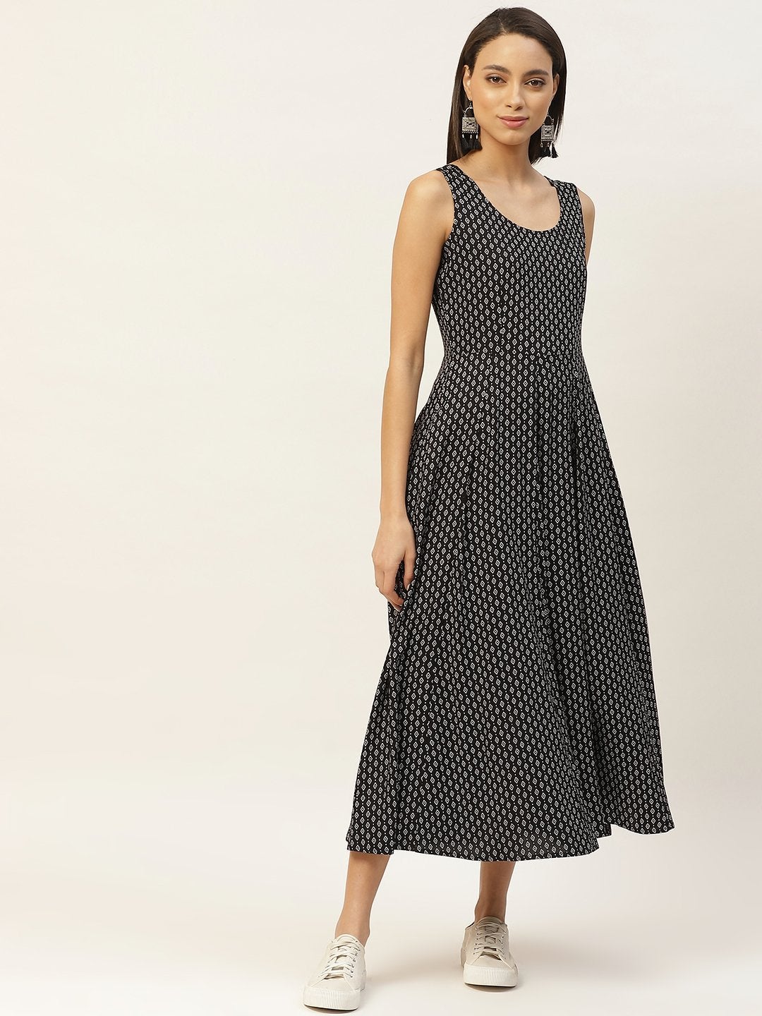 Women's Black & White Printed Sleeveless Anarkali Dress - SHAE