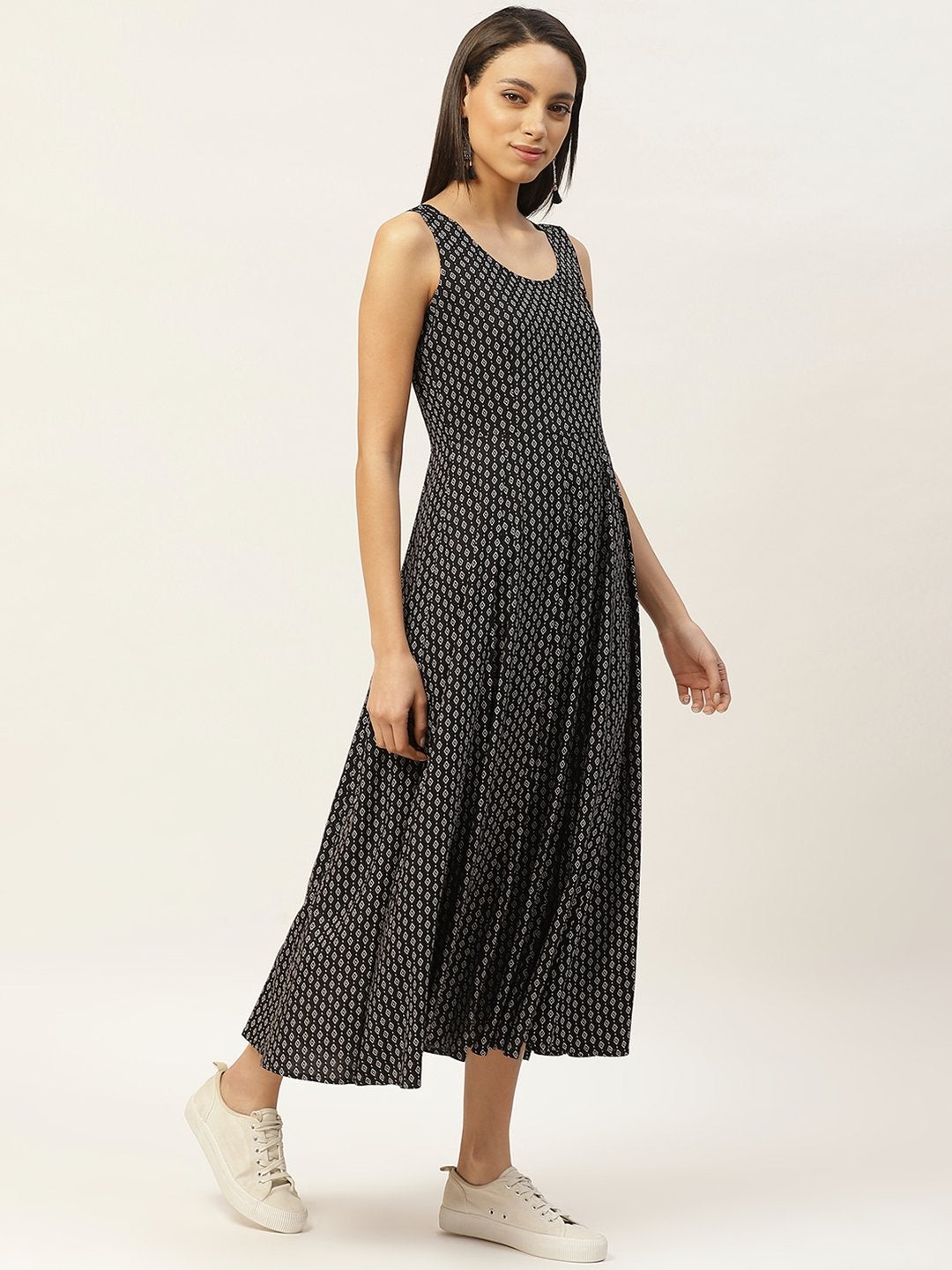 Women's Black & White Printed Sleeveless Anarkali Dress - SHAE