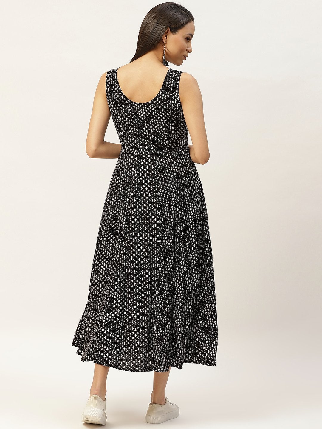 Women's Black & White Printed Sleeveless Anarkali Dress - SHAE
