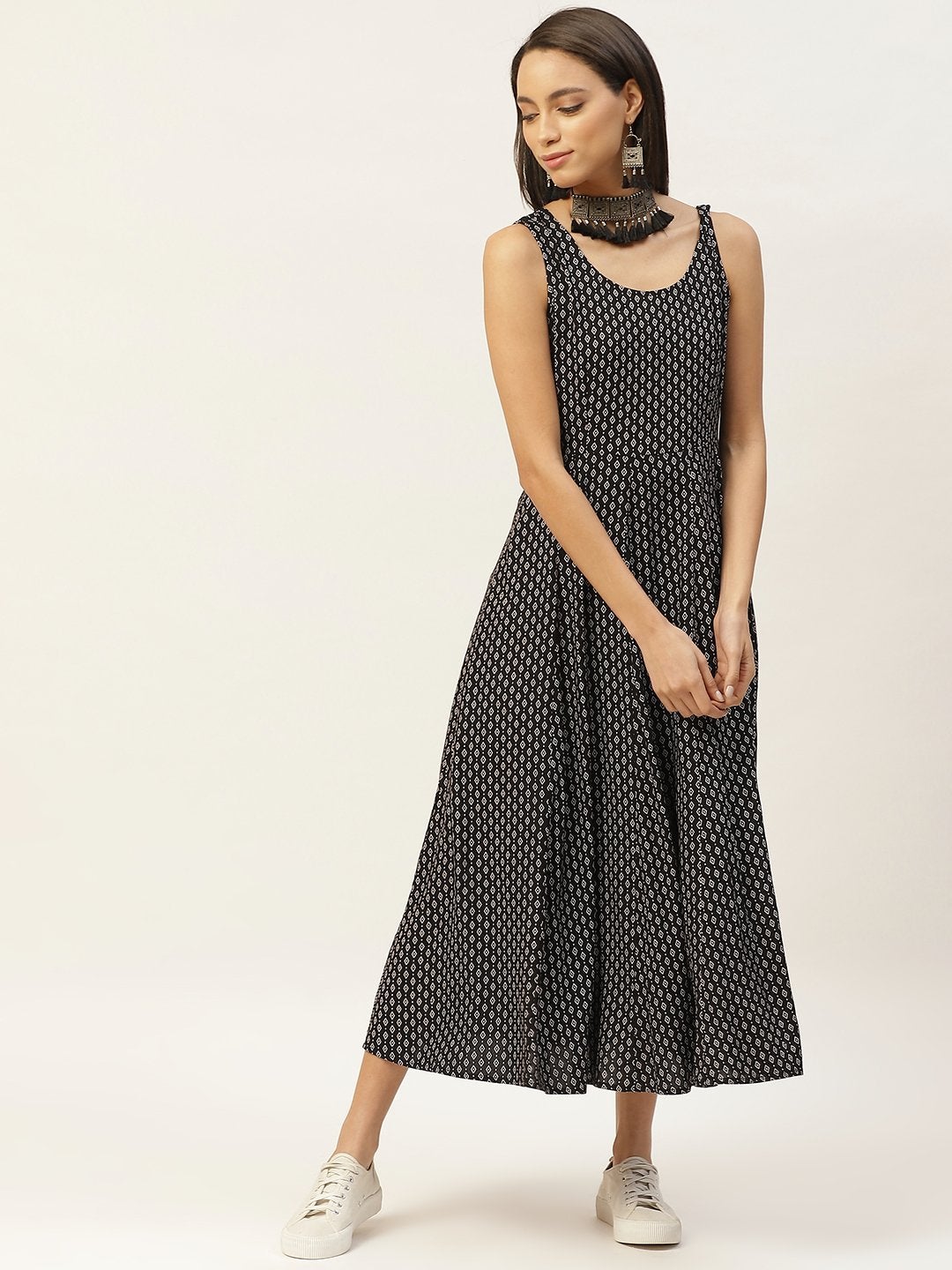 Women's Black & White Printed Sleeveless Anarkali Dress - SHAE