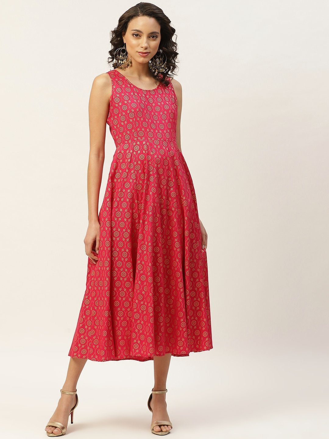 Women's Fuchsia Foil Floral Sleeveless Anarkali Dress