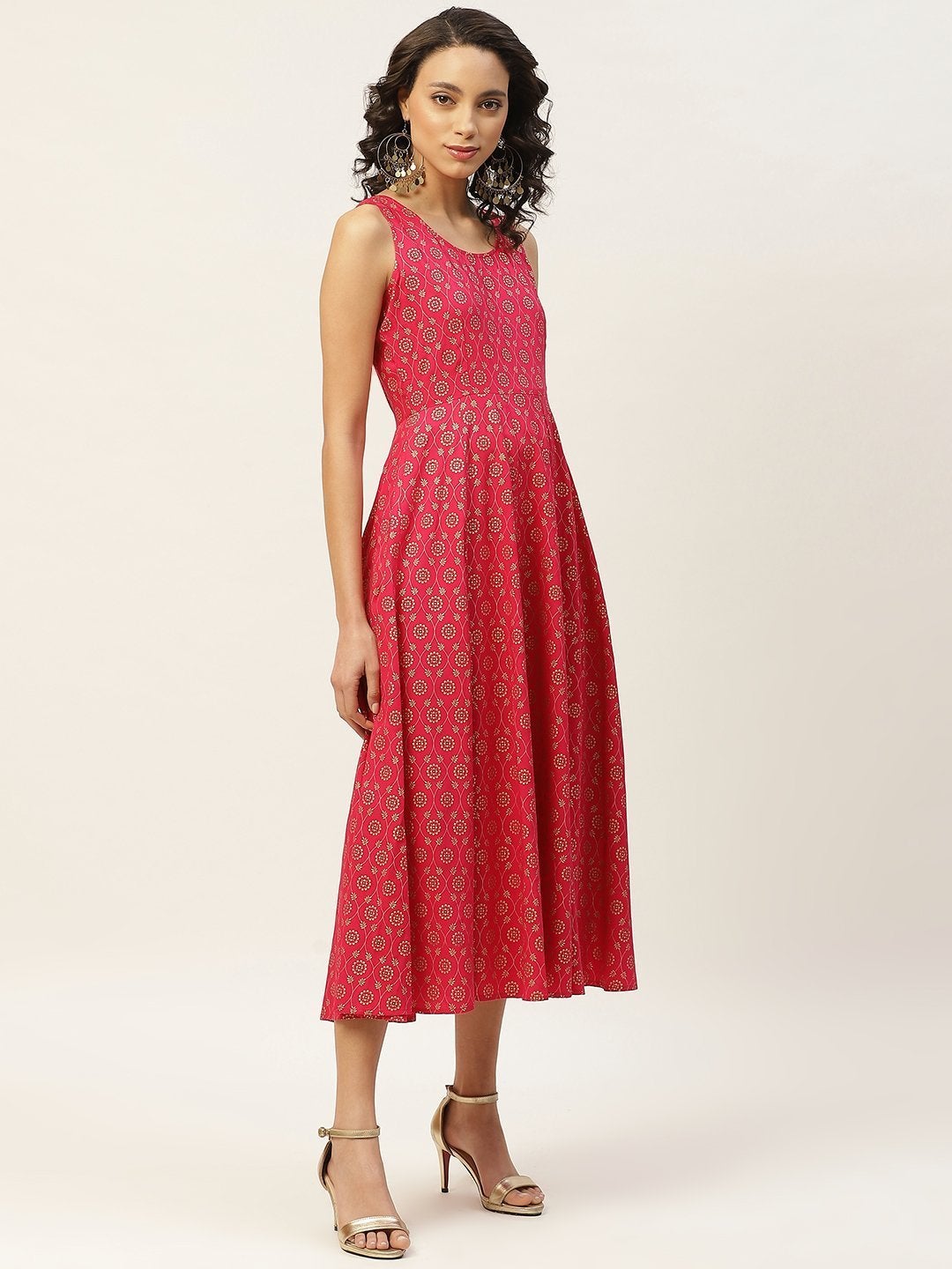 Women's Fuchsia Foil Floral Sleeveless Anarkali Dress