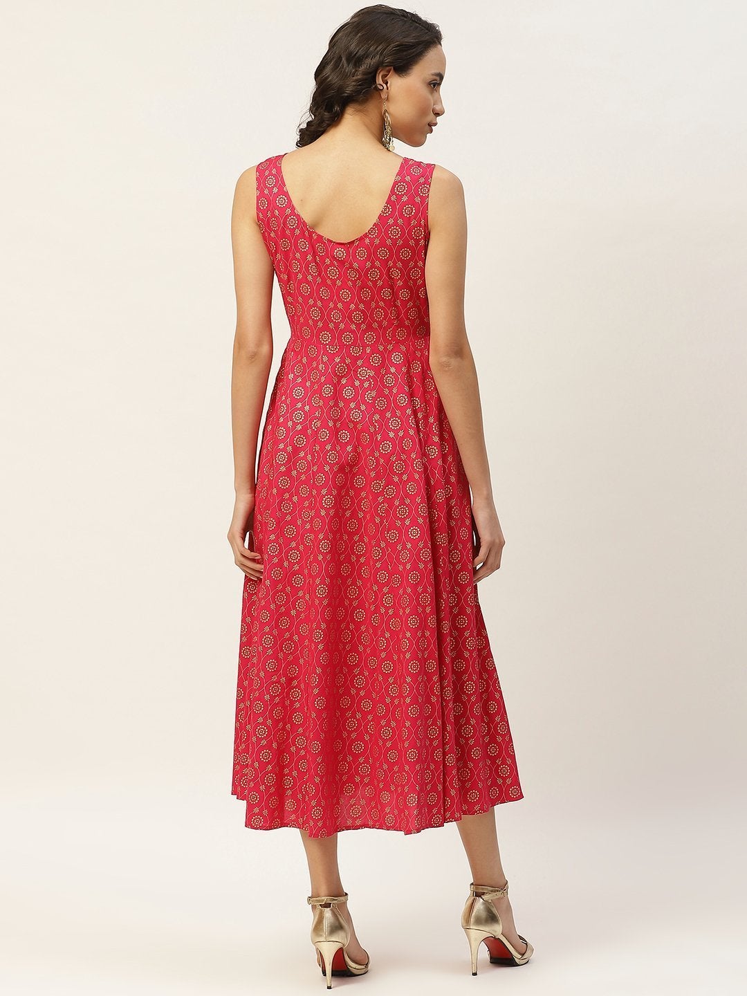 Women's Fuchsia Foil Floral Sleeveless Anarkali Dress