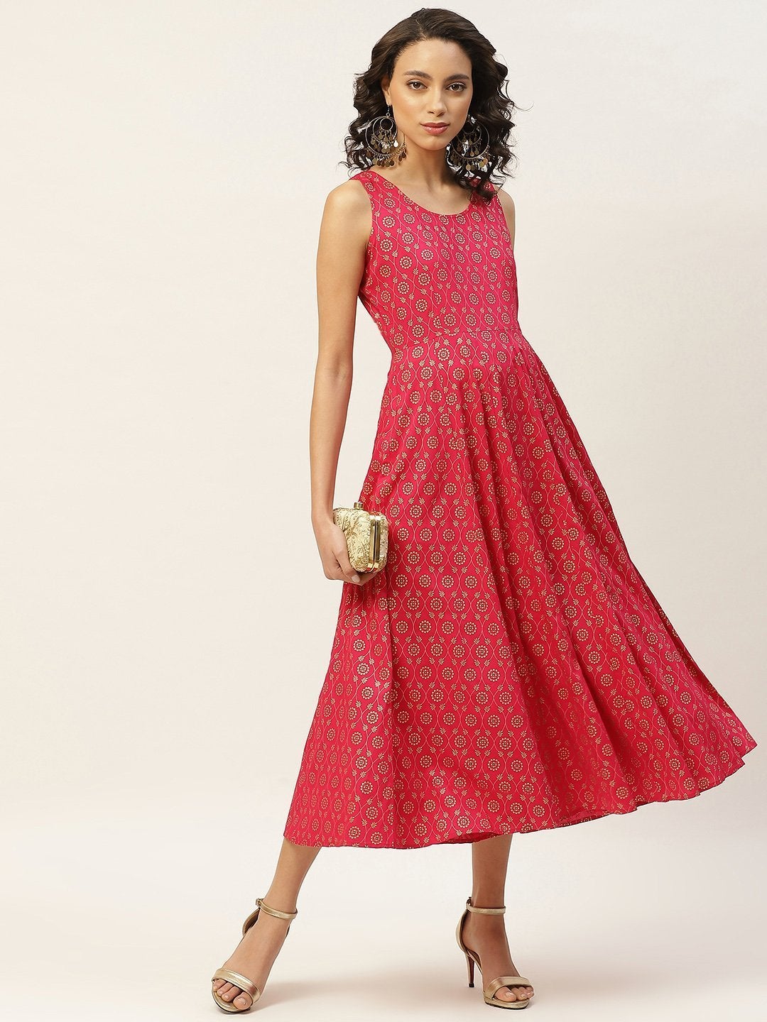 Women's Fuchsia Foil Floral Sleeveless Anarkali Dress