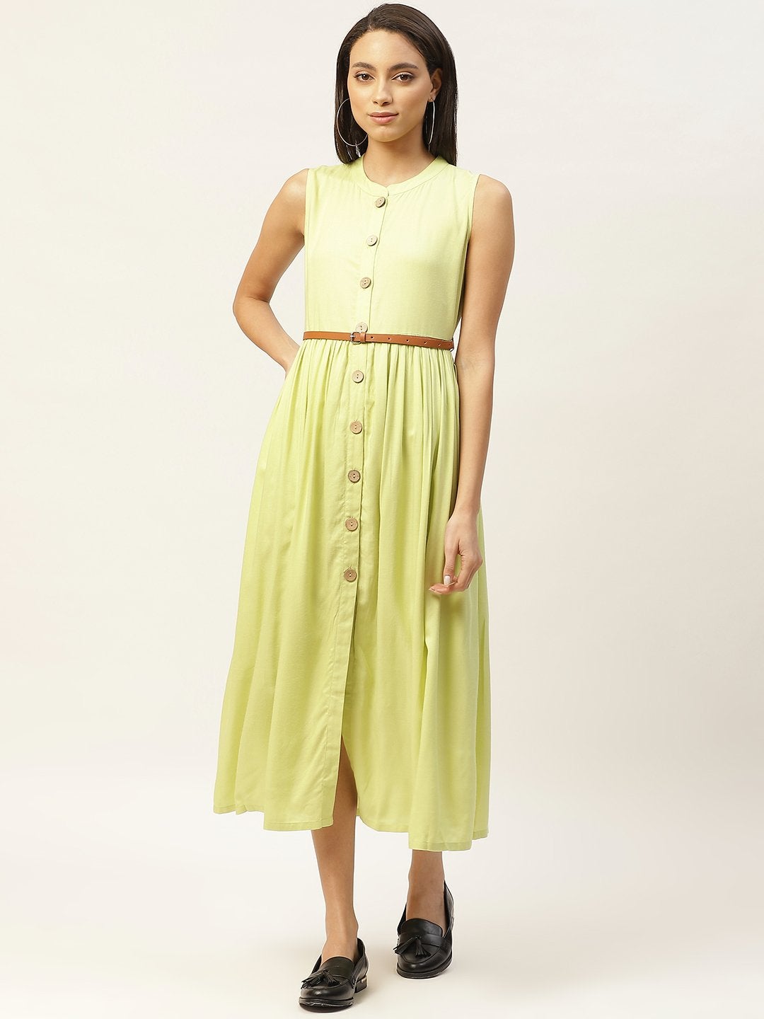 Women's Lime Green Sleeveless Gathered Dress - SASSAFRAS