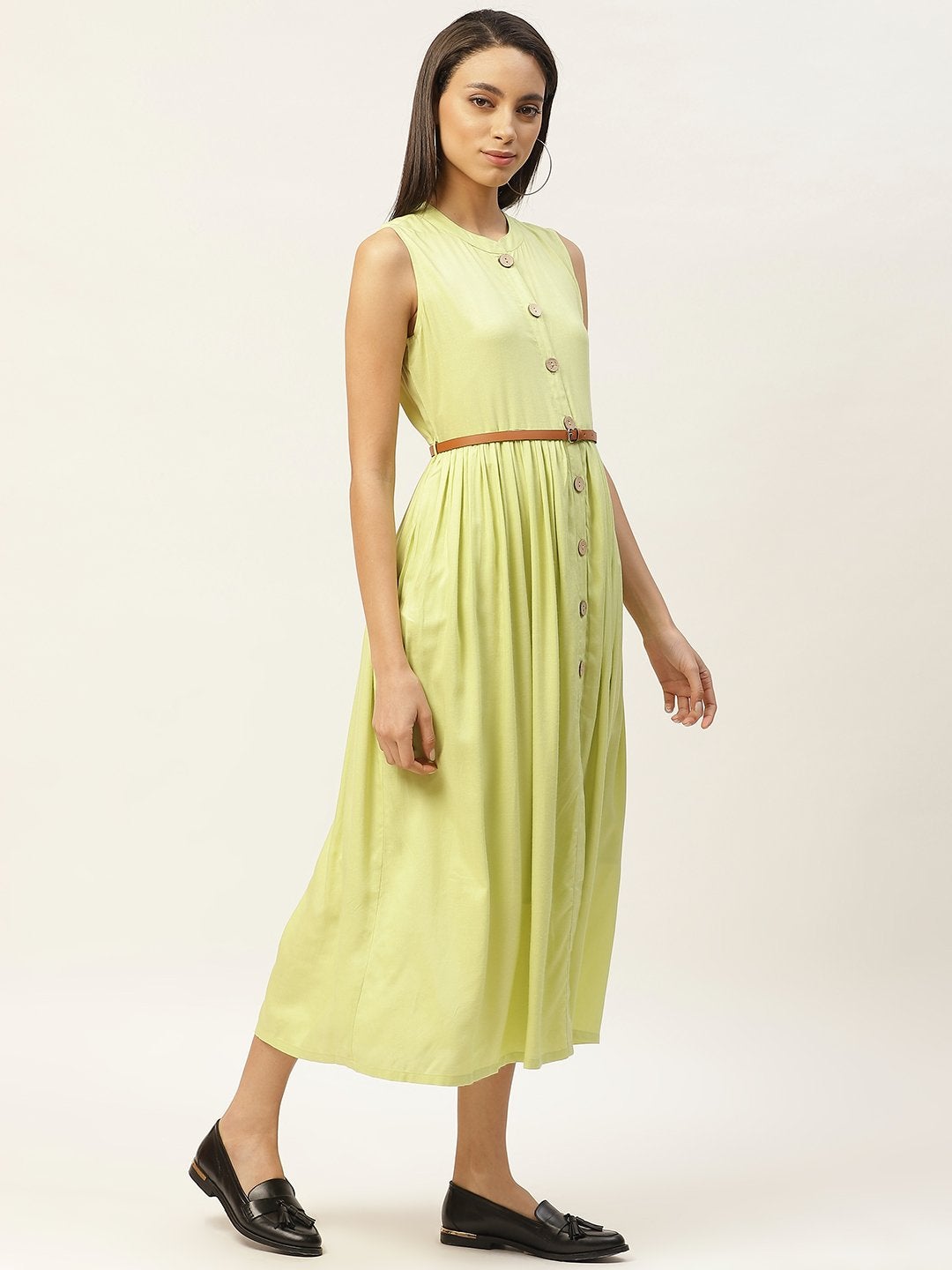 Women's Lime Green Sleeveless Gathered Dress - SASSAFRAS