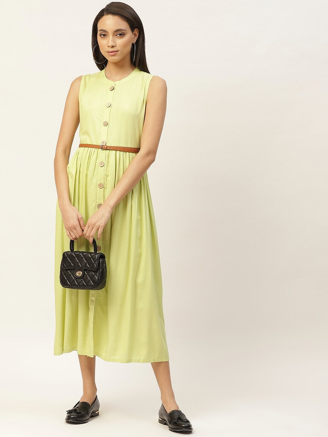 Women's Lime Green Sleeveless Gathered Dress - SASSAFRAS