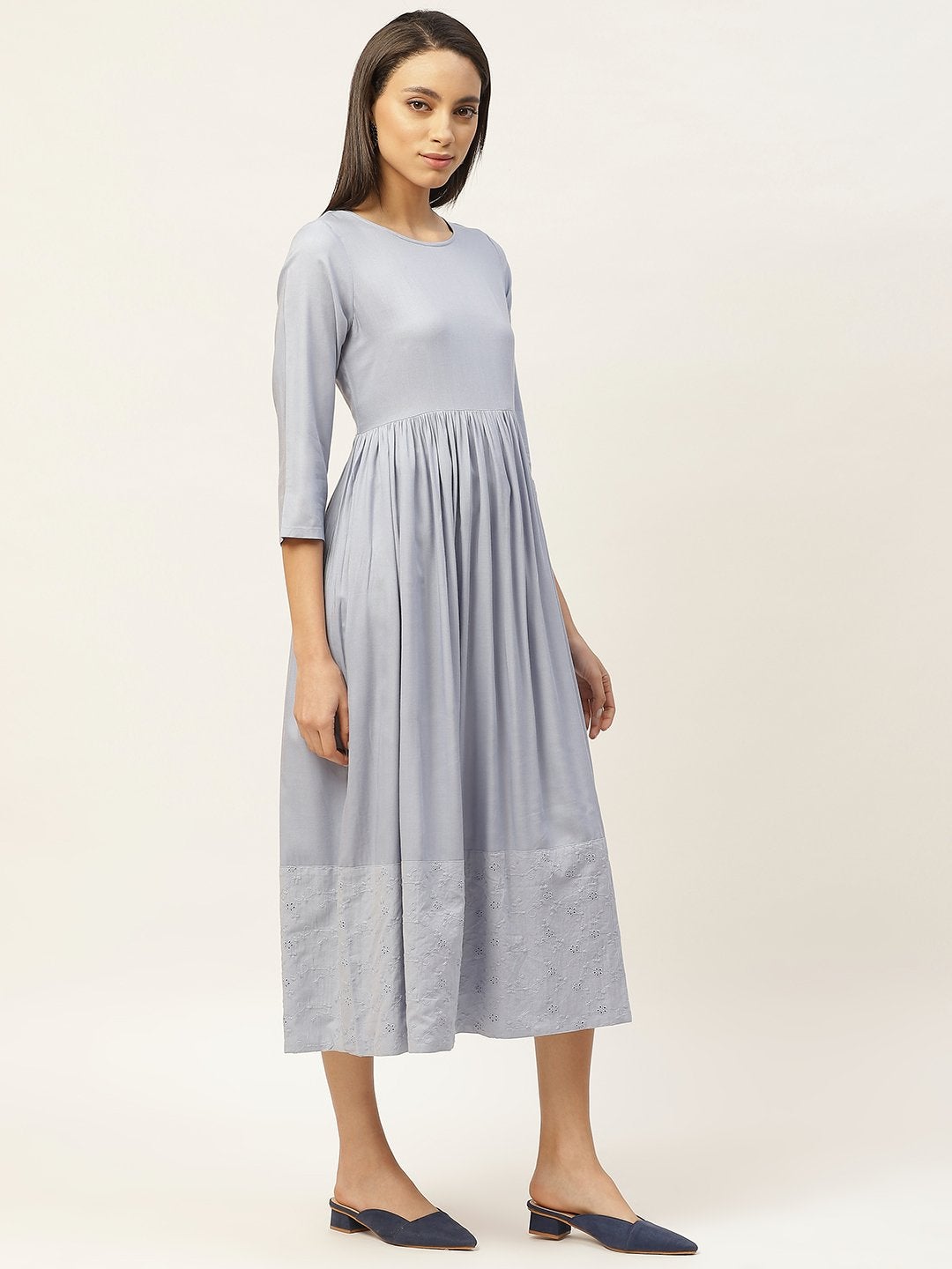 Women's Grey Schiffli Gathered Midi Dress - SASSAFRAS