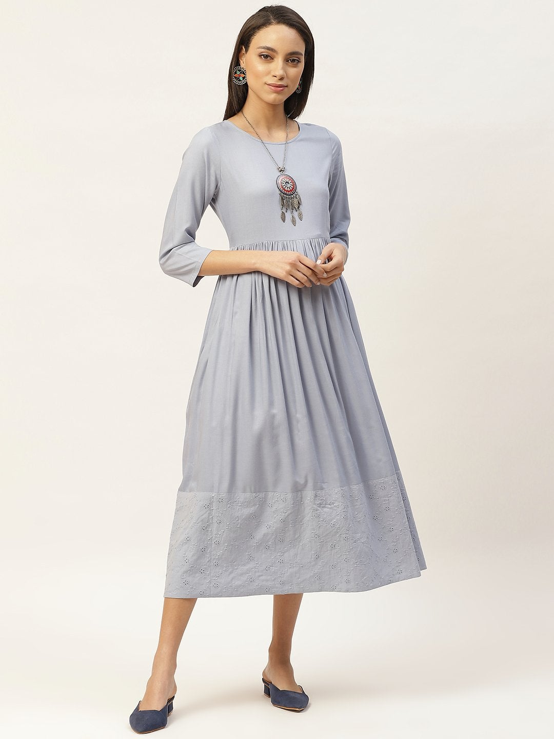 Women's Grey Schiffli Gathered Midi Dress - SASSAFRAS