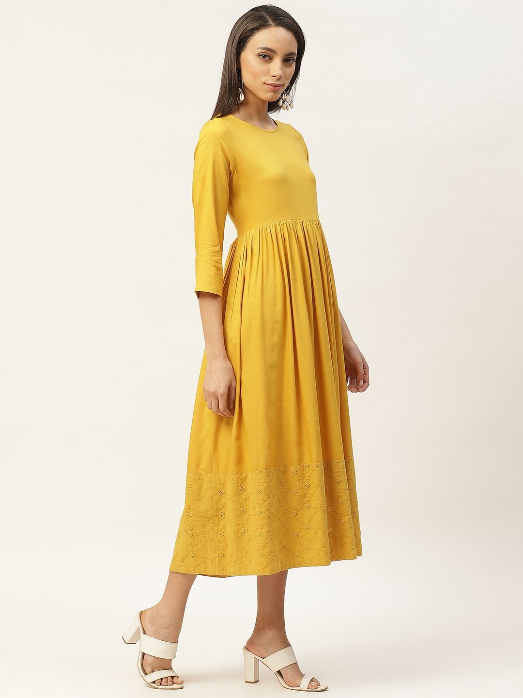 Women's Mustard Schiffli Gathered Midi Dress - SASSAFRAS