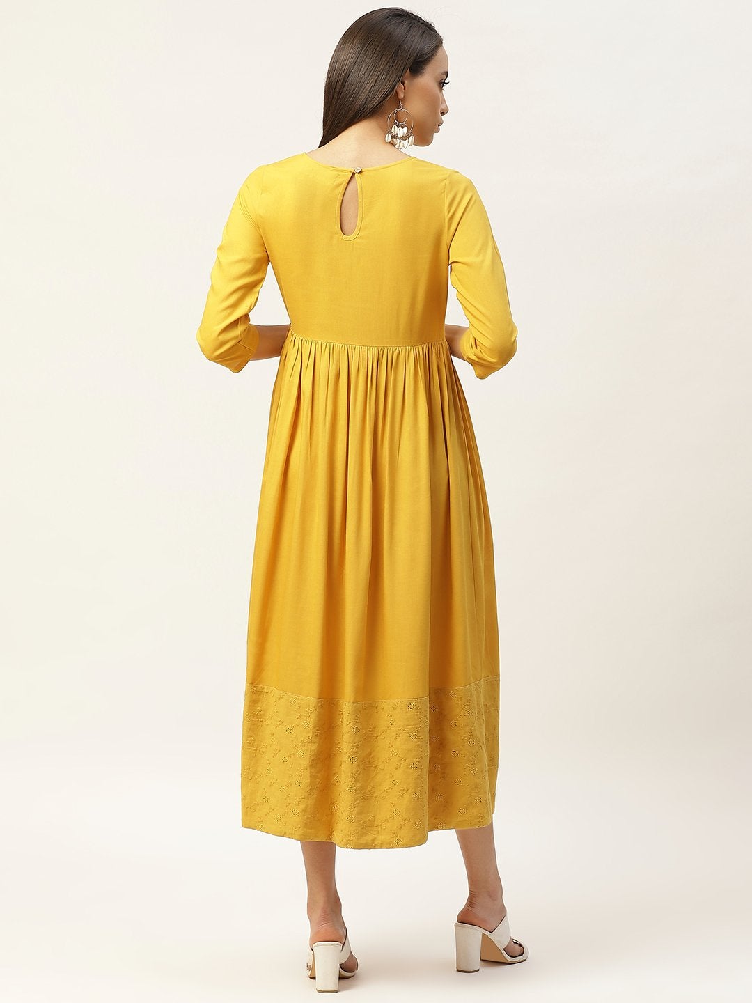 Women's Mustard Schiffli Gathered Midi Dress - SASSAFRAS