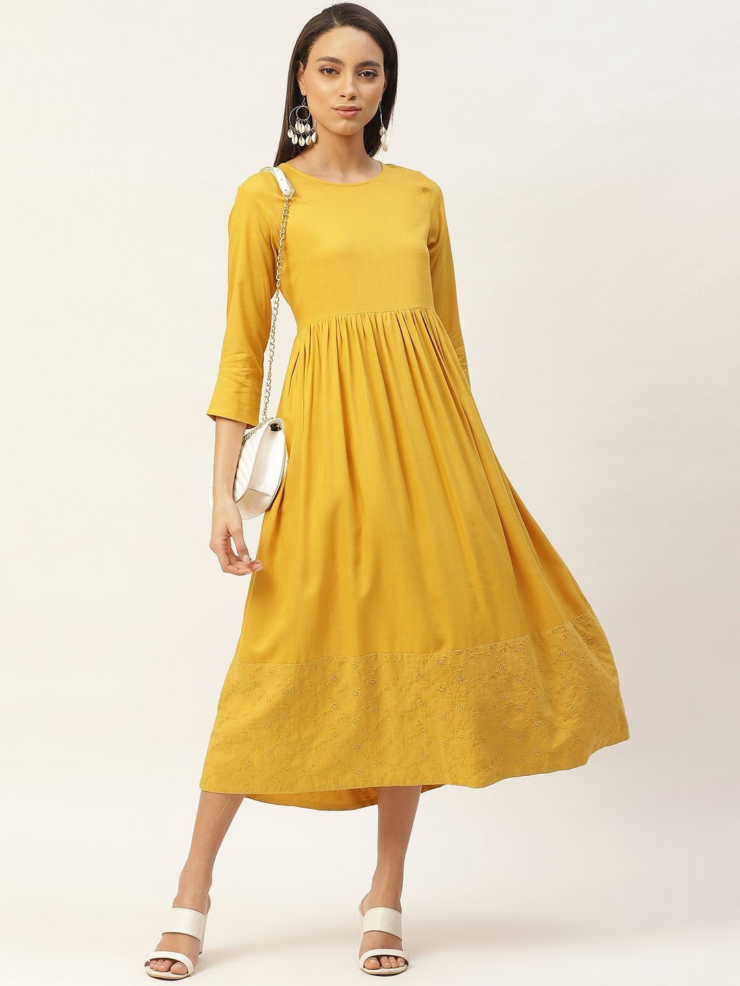 Women's Mustard Schiffli Gathered Midi Dress - SASSAFRAS