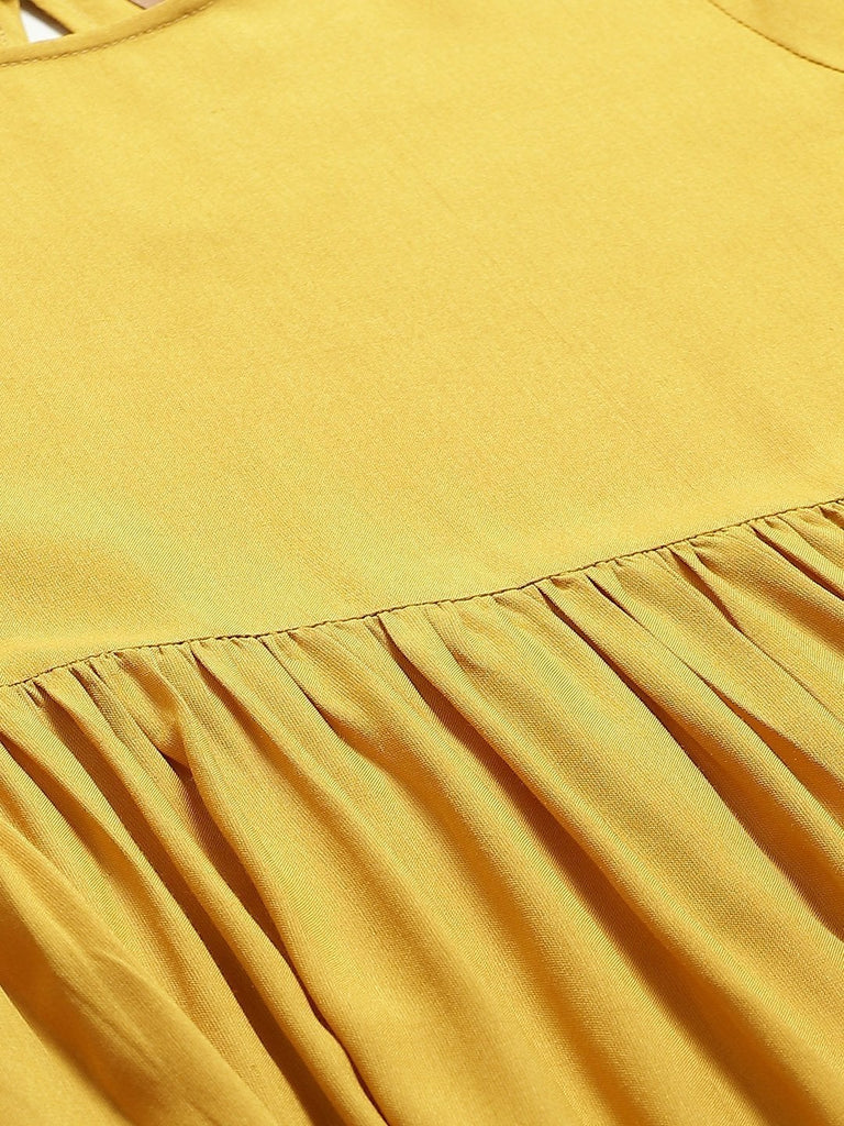 Women's Mustard Schiffli Gathered Midi Dress