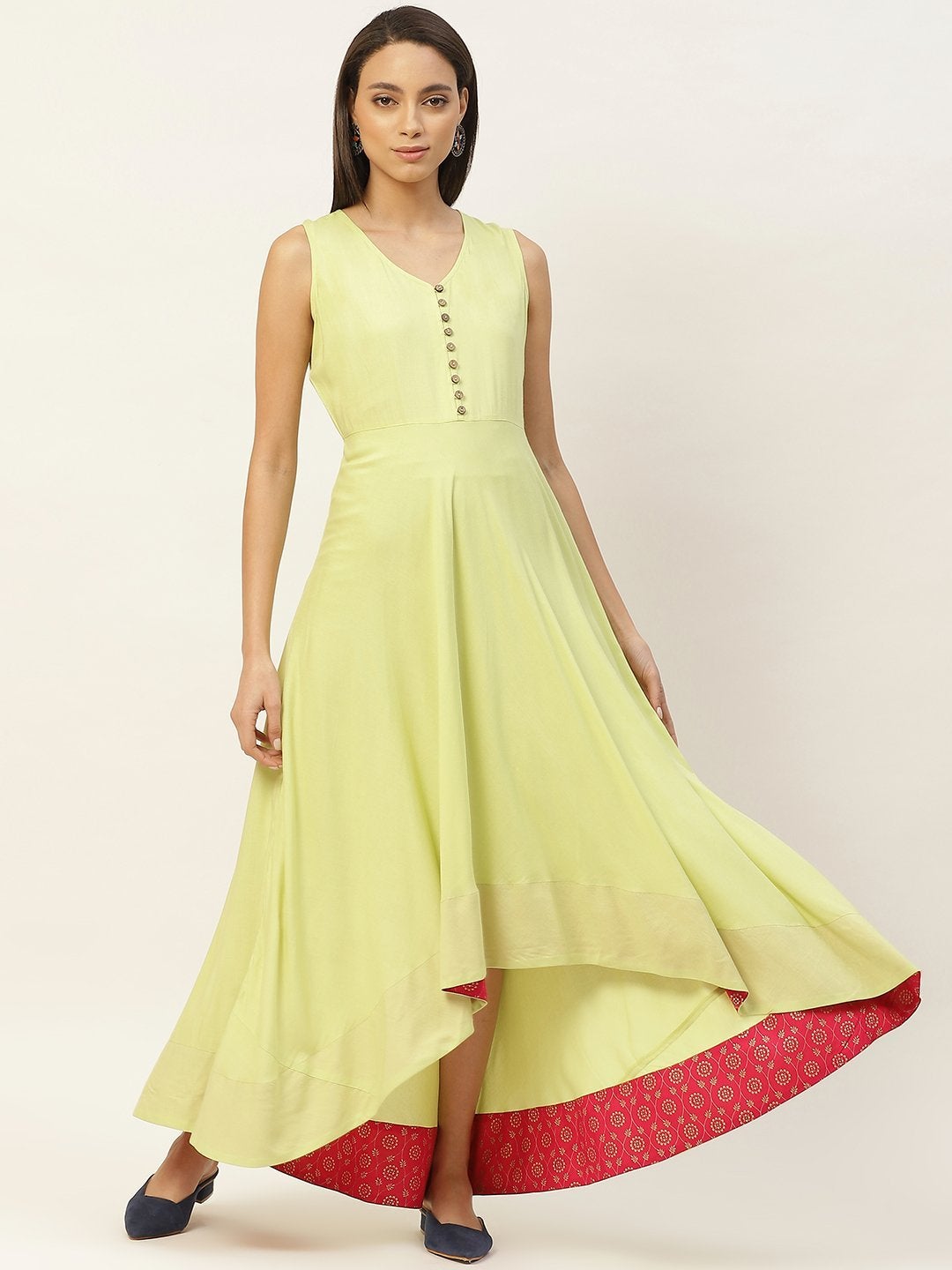 Women's Lime Green High Low Anarkali Maxi Dress - SHAE