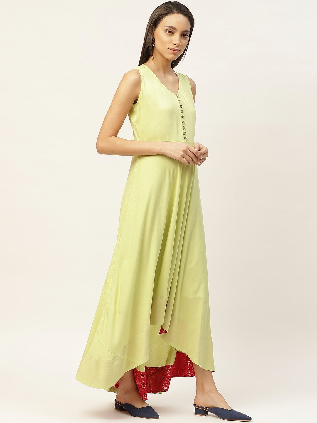 Women's Lime Green High Low Anarkali Maxi Dress - SHAE