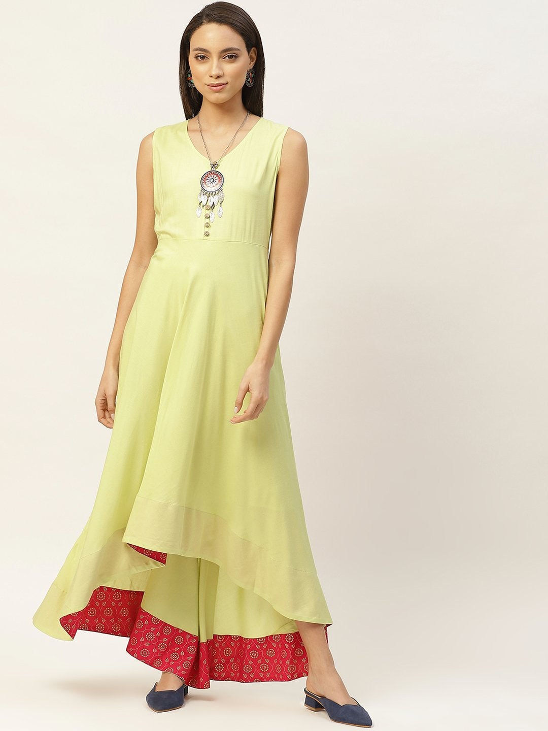 Women's Lime Green High Low Anarkali Maxi Dress - SHAE