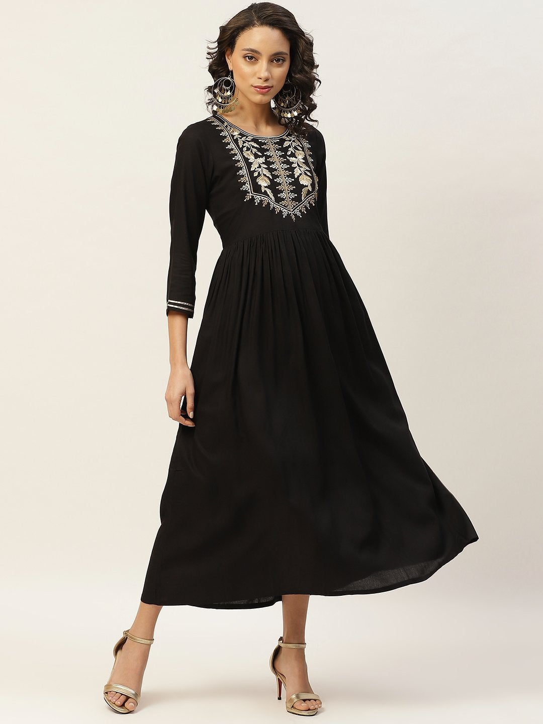 Women's Black Zari Embroidery Gathered Dress - SASSAFRAS