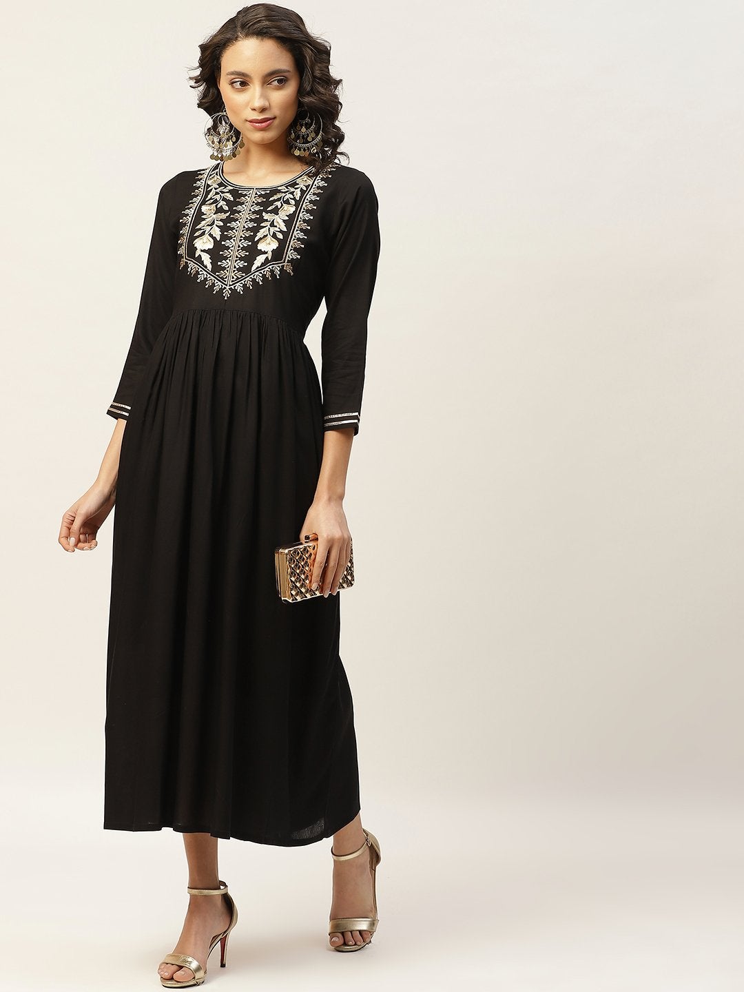 Women's Black Zari Embroidery Gathered Dress - SASSAFRAS