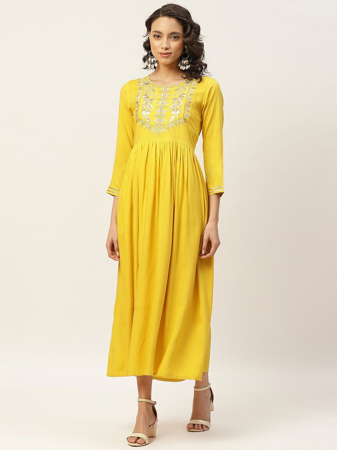 Women's Yellow Zari Embroidery Gathered Dress - SASSAFRAS