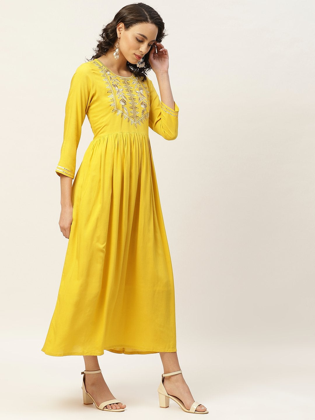 Women's Yellow Zari Embroidery Gathered Dress - SASSAFRAS