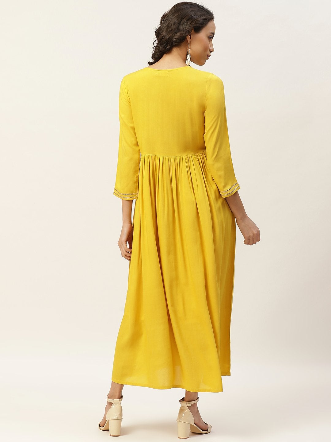 Women's Yellow Zari Embroidery Gathered Dress - SASSAFRAS