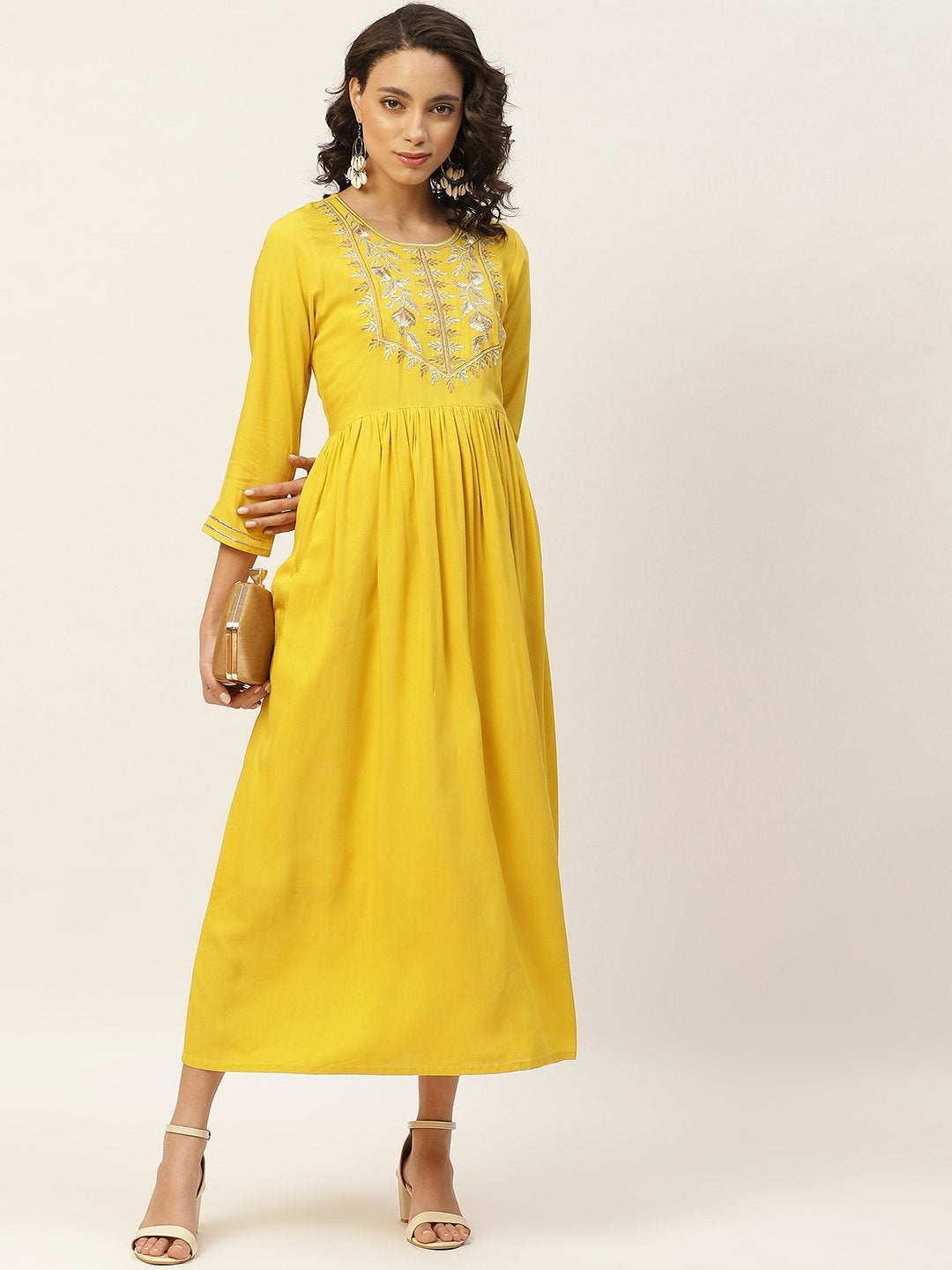 Women's Yellow Zari Embroidery Gathered Dress - SASSAFRAS