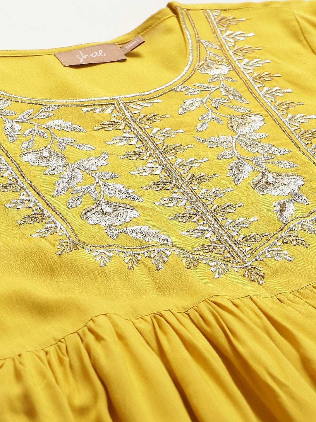 Women's Yellow Zari Embroidery Gathered Dress - SASSAFRAS