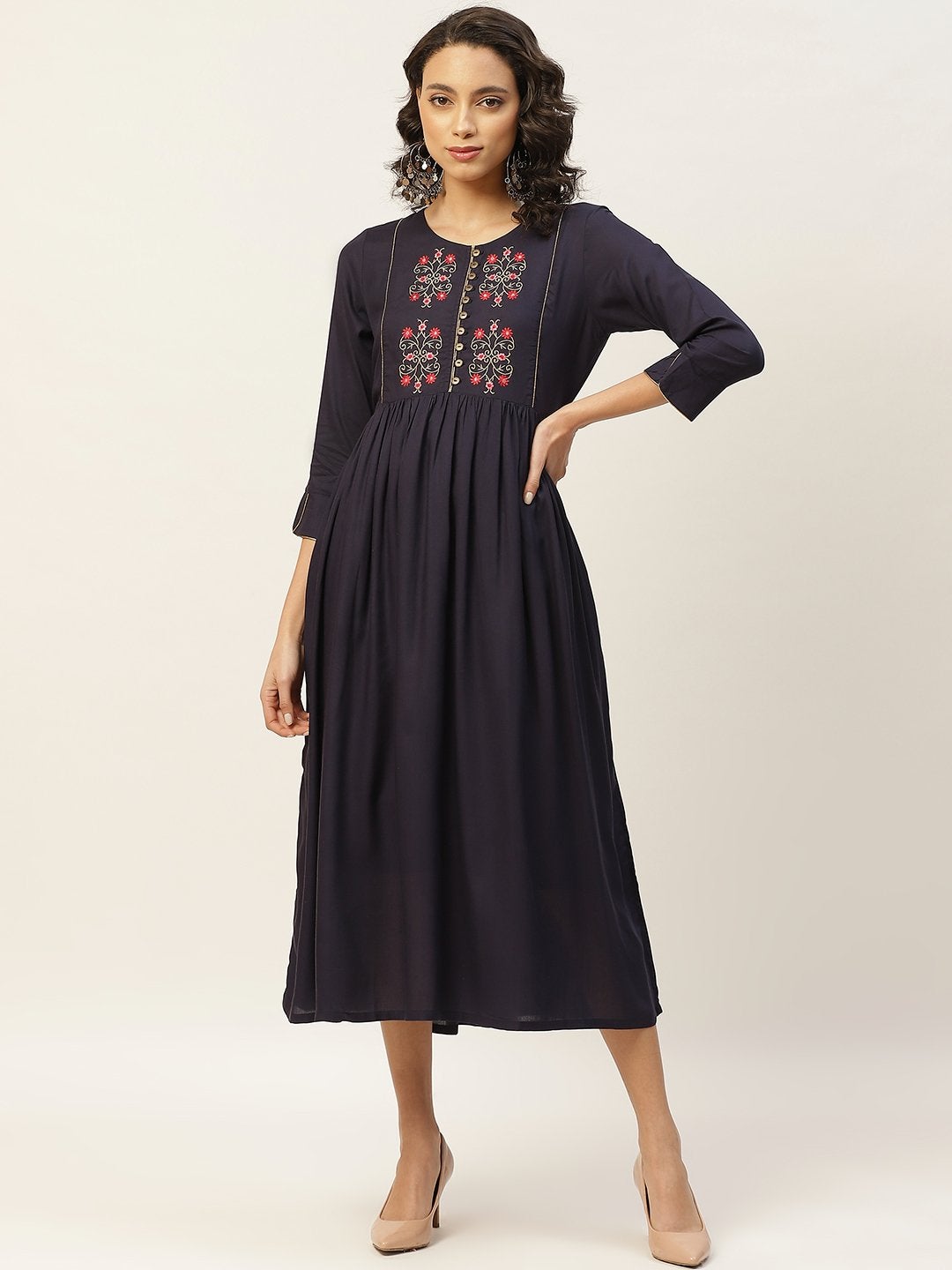 Women's Navy Floral Embroidery Gathered Dress - SASSAFRAS