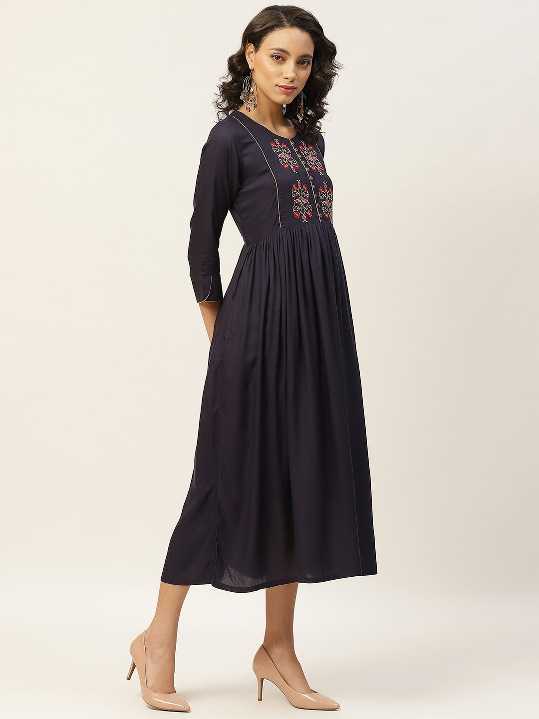 Women's Navy Floral Embroidery Gathered Dress - SASSAFRAS