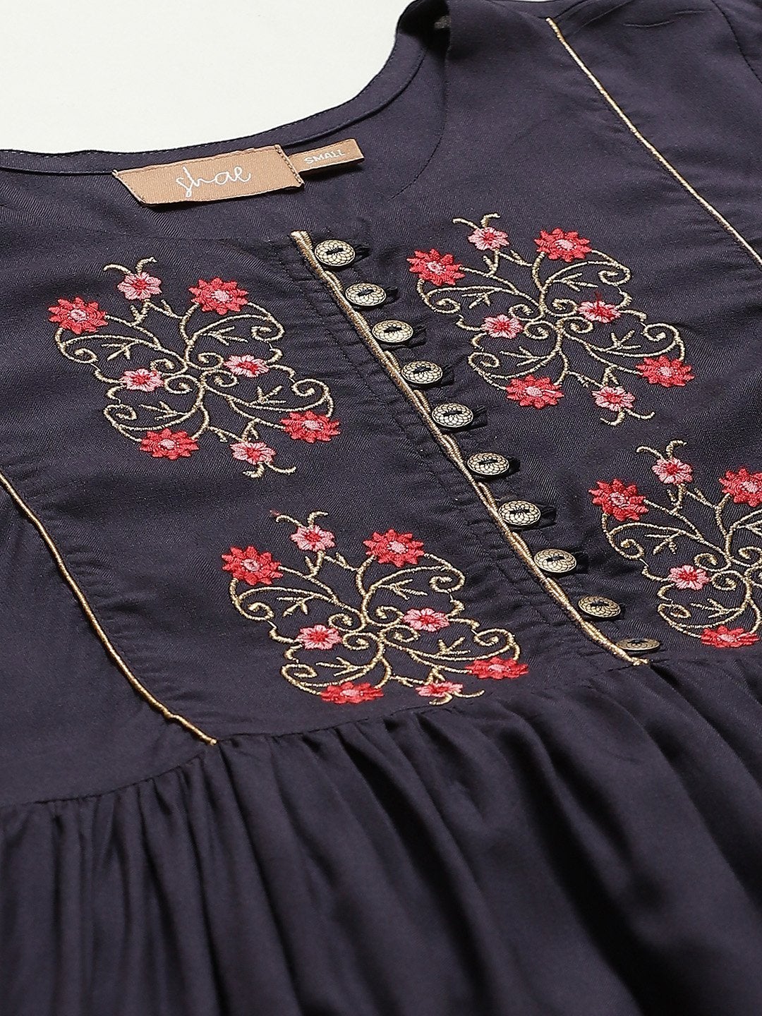 Women's Navy Floral Embroidery Gathered Dress - SASSAFRAS