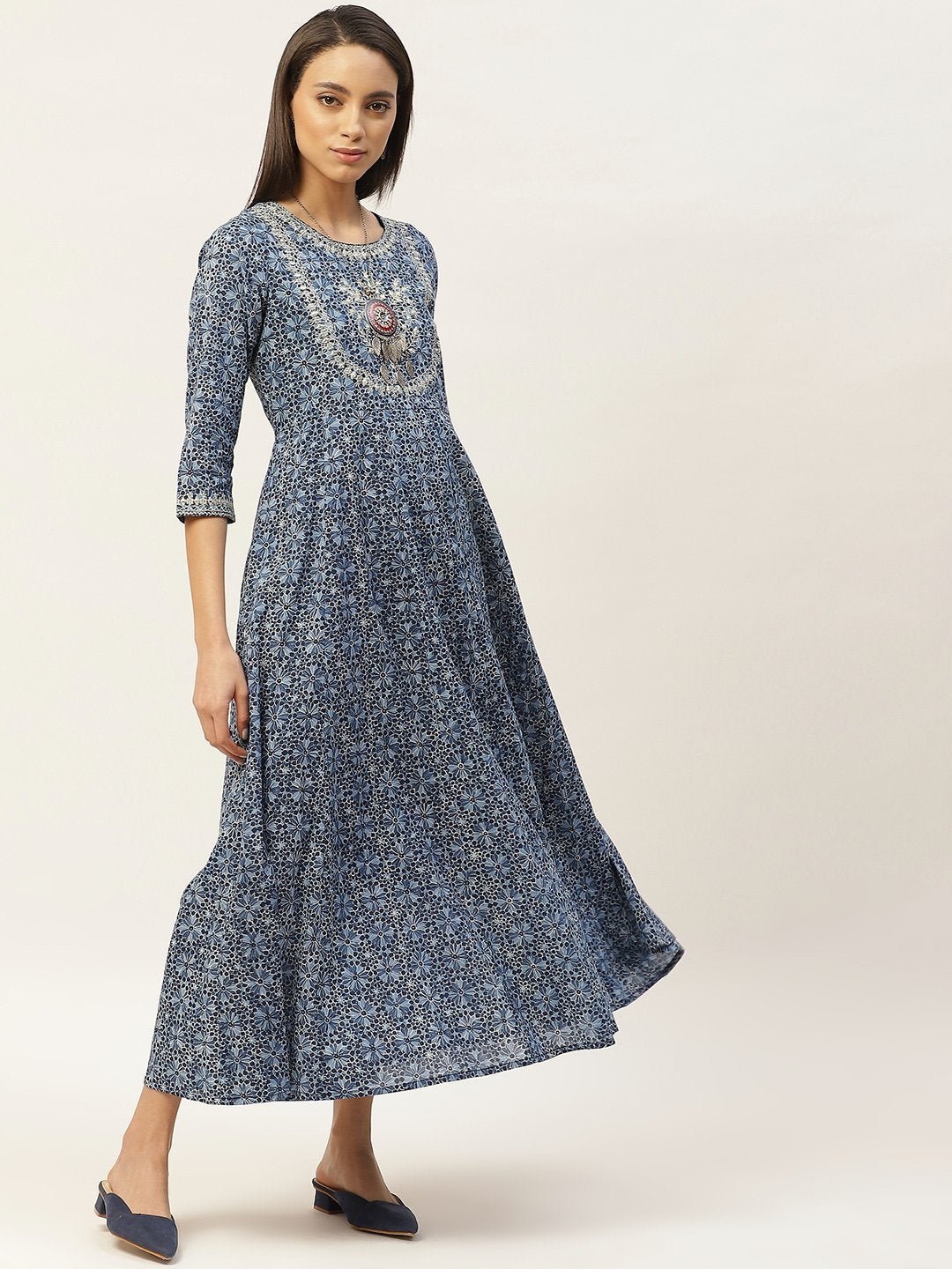 Women's Indigo Floral Zari Embroidery Anarkali Dress - SHAE