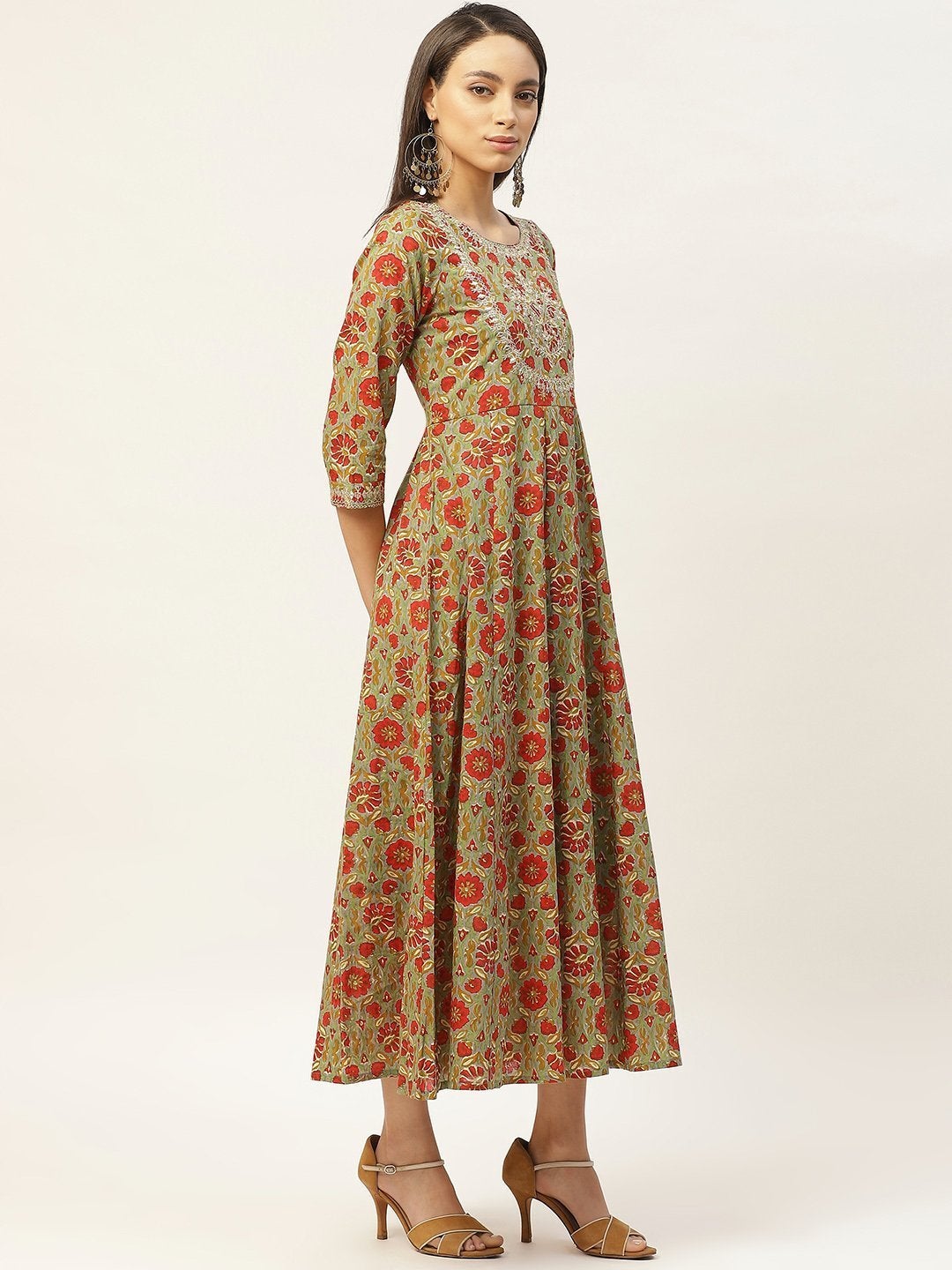 Women's Grey Floral Zari Embroidery Anarkali Dress - SHAE