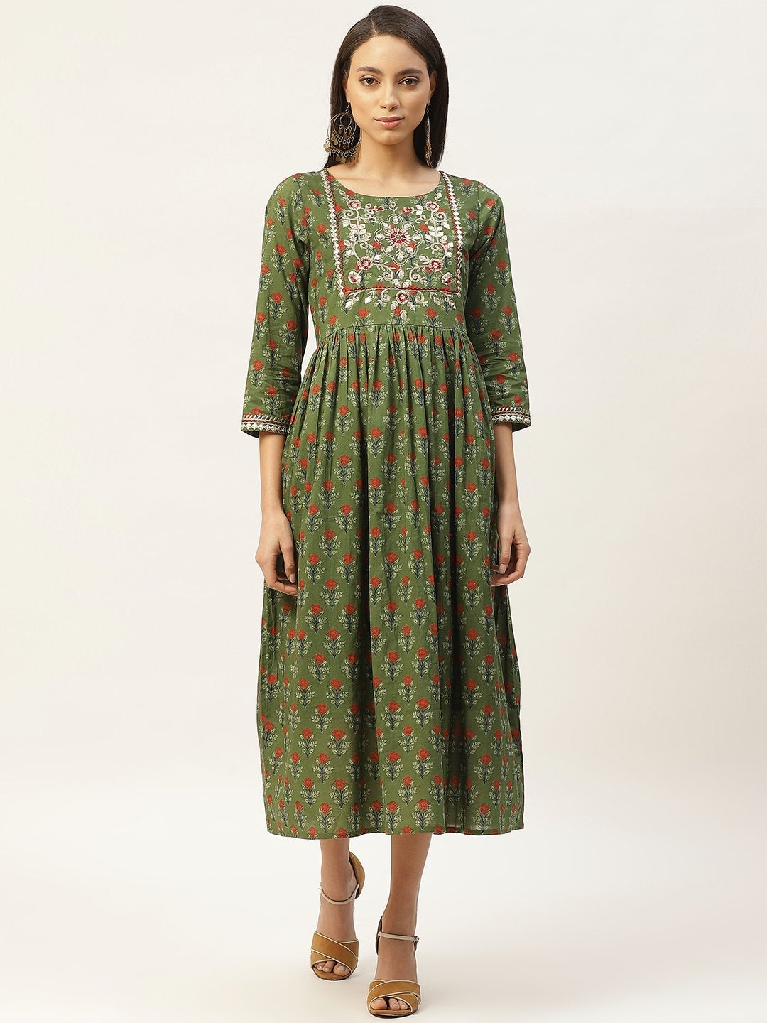 Women's Olive Floral Zari Embroidery Gathered Dress - SASSAFRAS