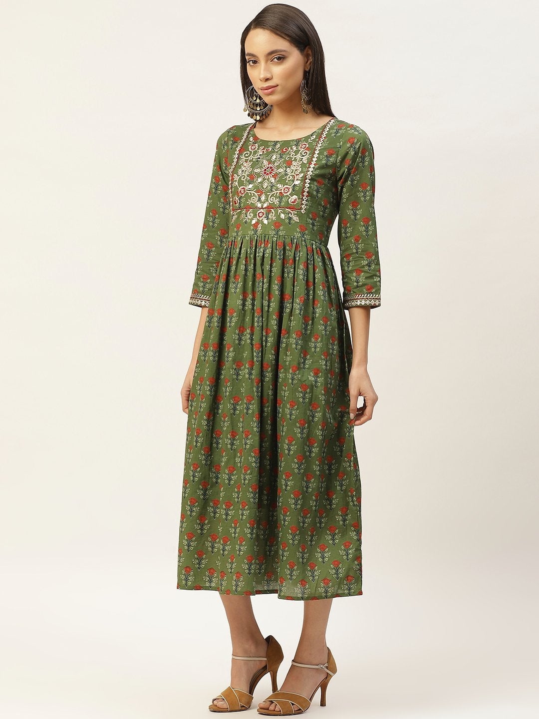 Women's Olive Floral Zari Embroidery Gathered Dress - SASSAFRAS