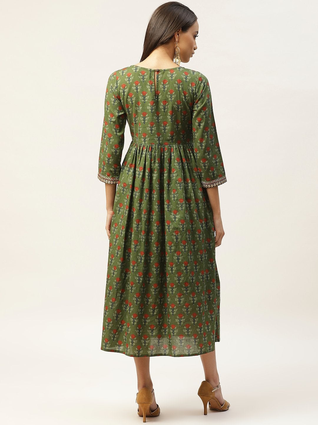 Women's Olive Floral Zari Embroidery Gathered Dress - SASSAFRAS