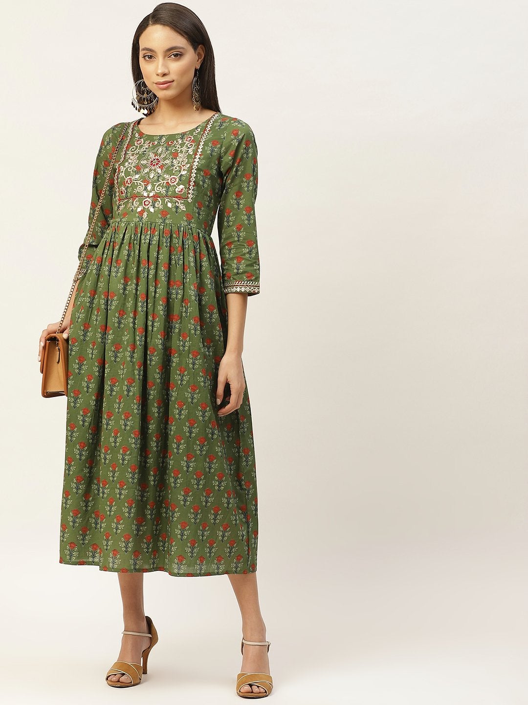 Women's Olive Floral Zari Embroidery Gathered Dress - SASSAFRAS