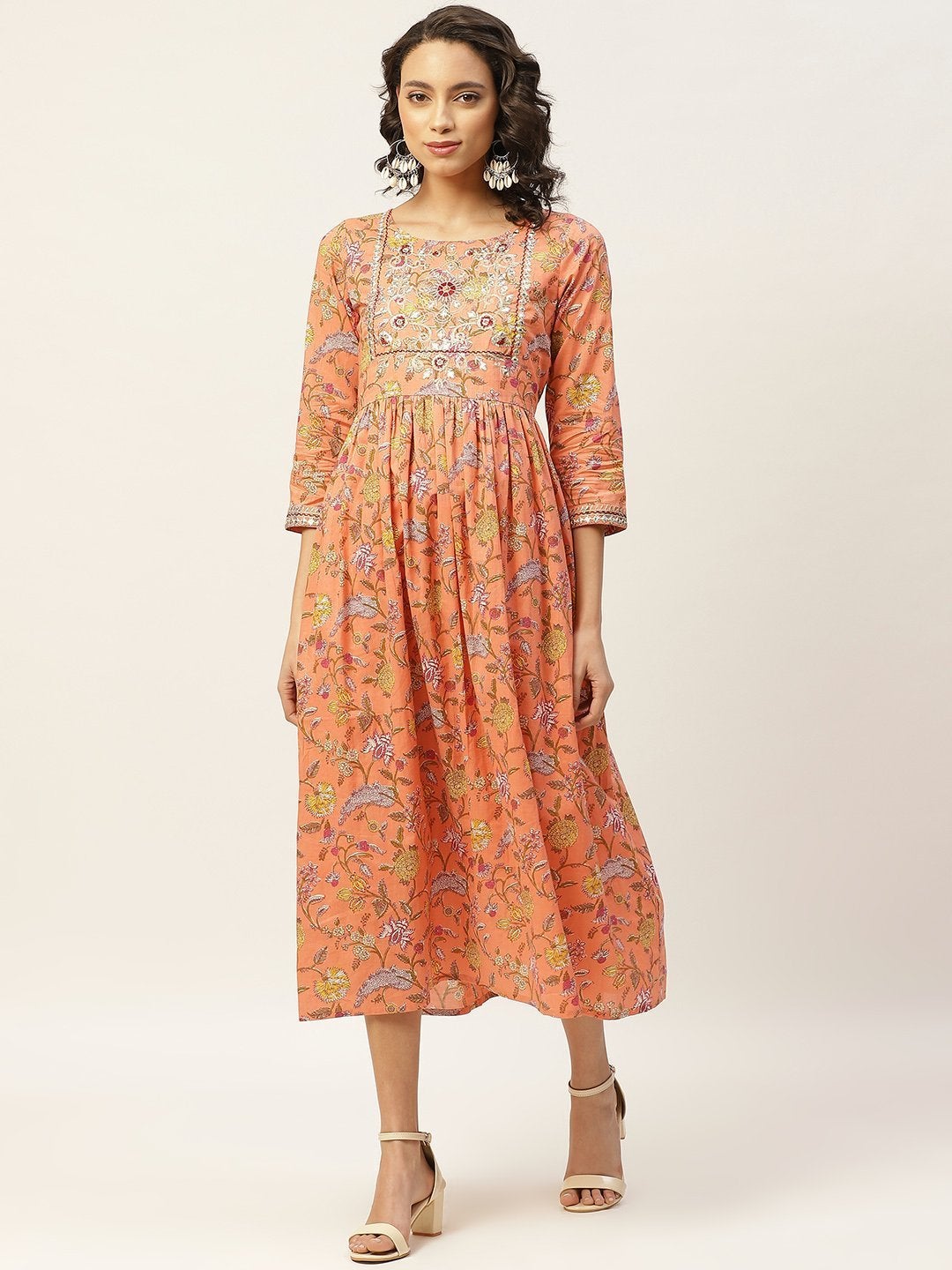 Women's Peach Floral Zari Embroidery Gathered Dress - SASSAFRAS