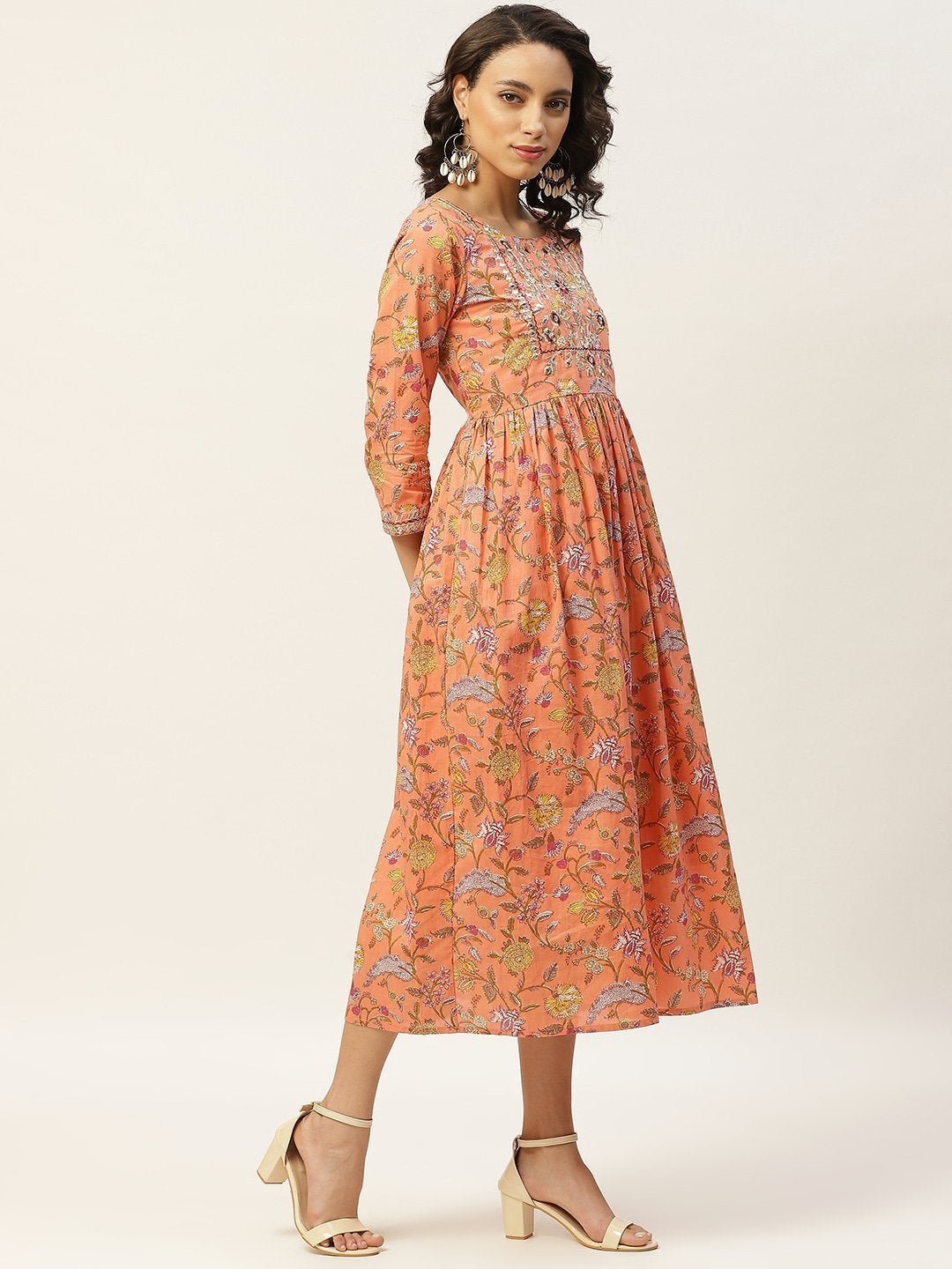 Women's Peach Floral Zari Embroidery Gathered Dress - SASSAFRAS