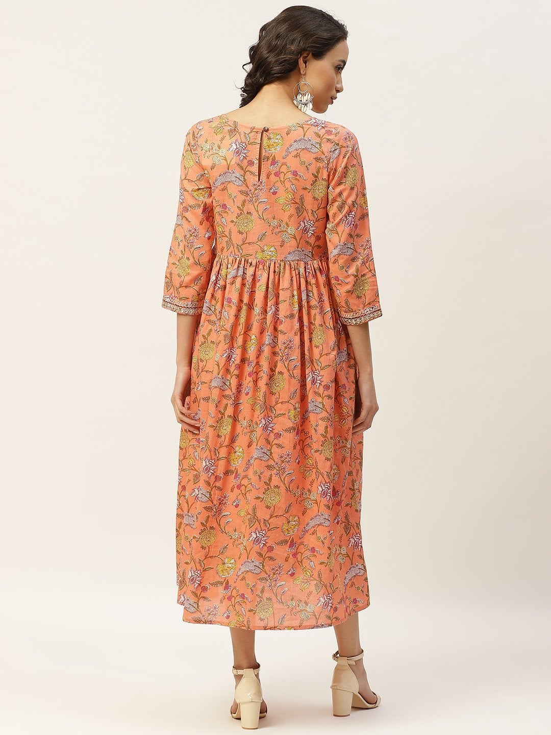 Women's Peach Floral Zari Embroidery Gathered Dress - SASSAFRAS