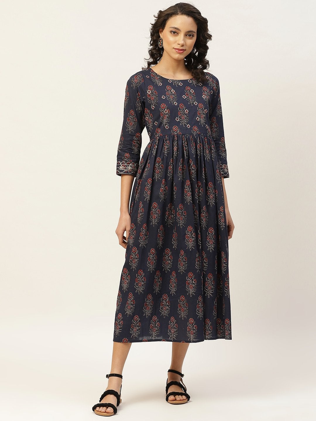 Women's Navy Floral Zari Emb Gathered Dress - SASSAFRAS