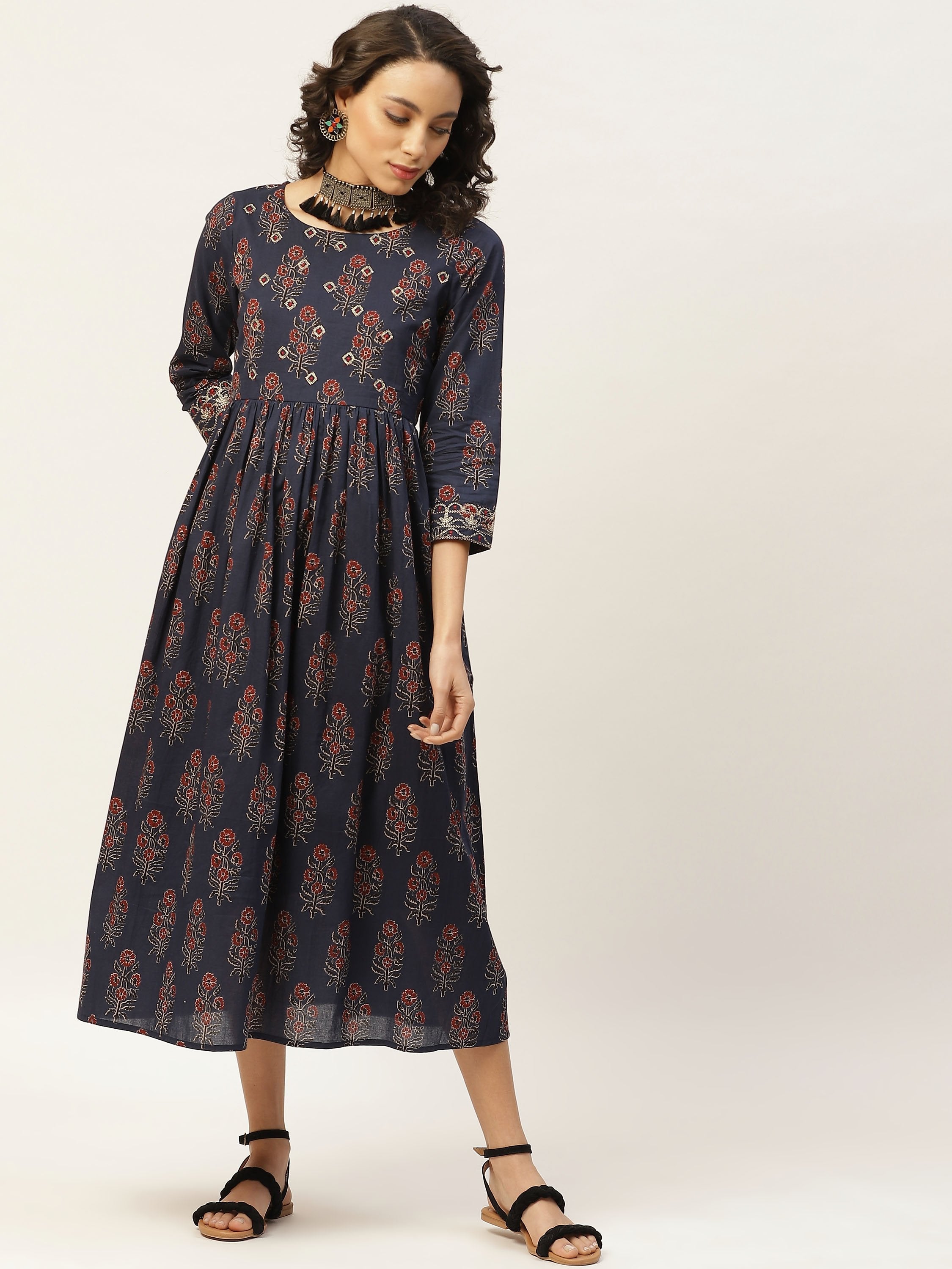 Women's Navy Floral Zari Emb Gathered Dress - SASSAFRAS