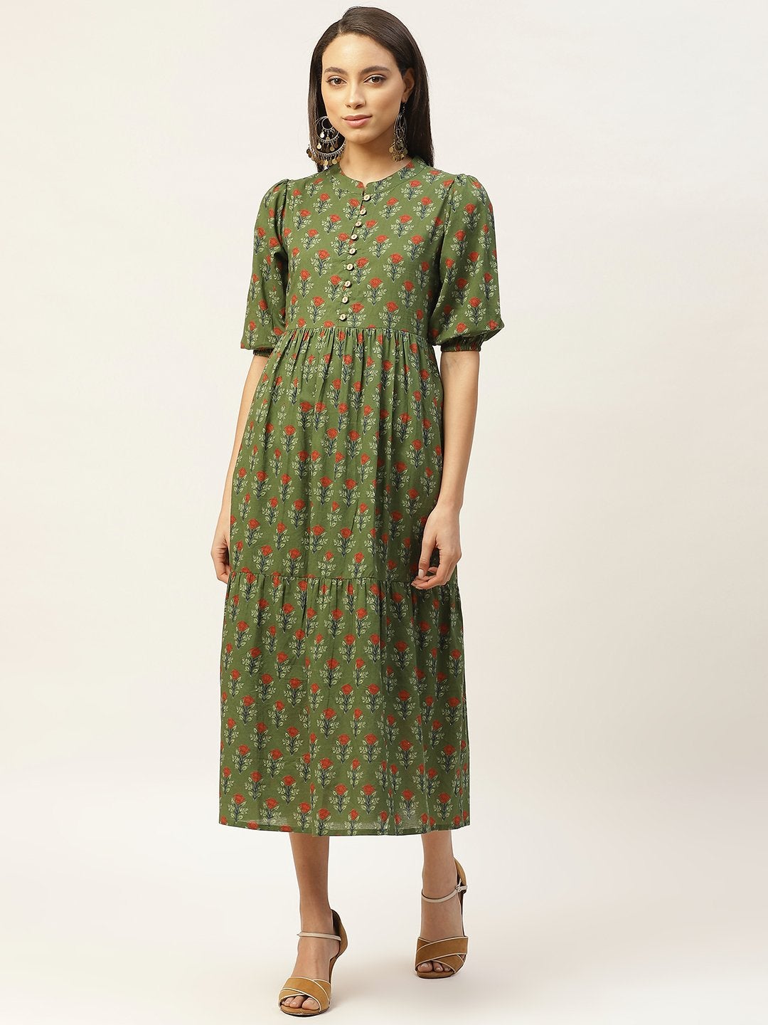 Women's Green Floral Tiered Midi Dress - SASSAFRAS