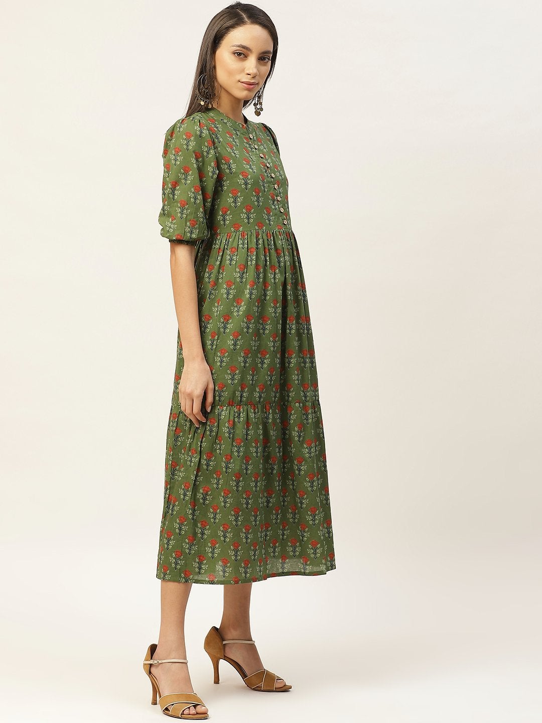 Women's Green Floral Tiered Midi Dress - SASSAFRAS